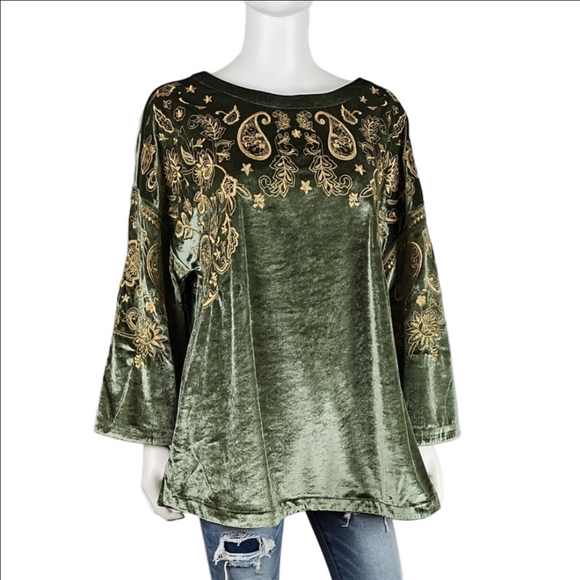 Soft Surroundings Tops - Soft Surroundings Olive Green Velvet Embroidered Tunic
